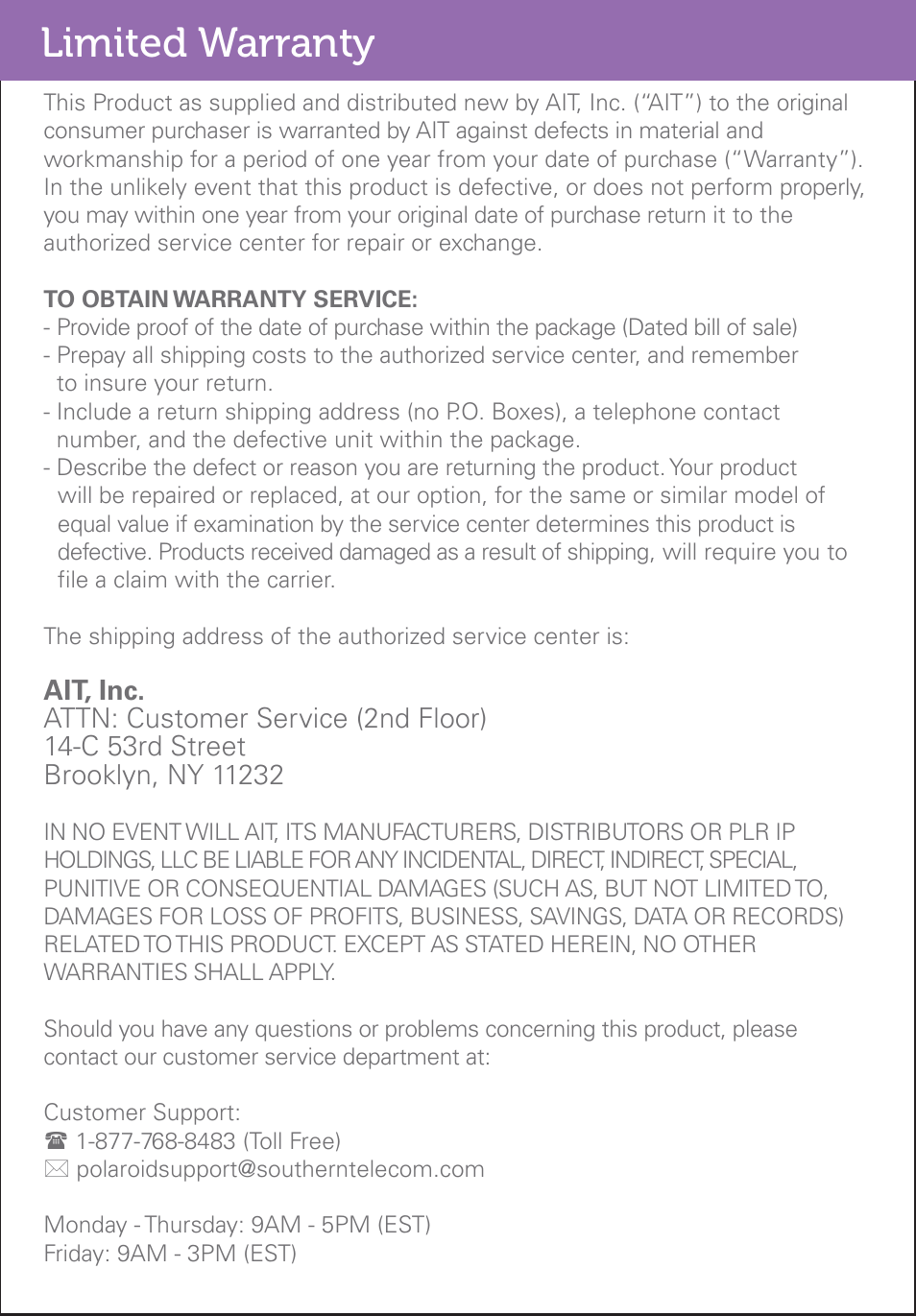 Limited warranty | Polaroid PMP500-4 User Manual | Page 31 / 32