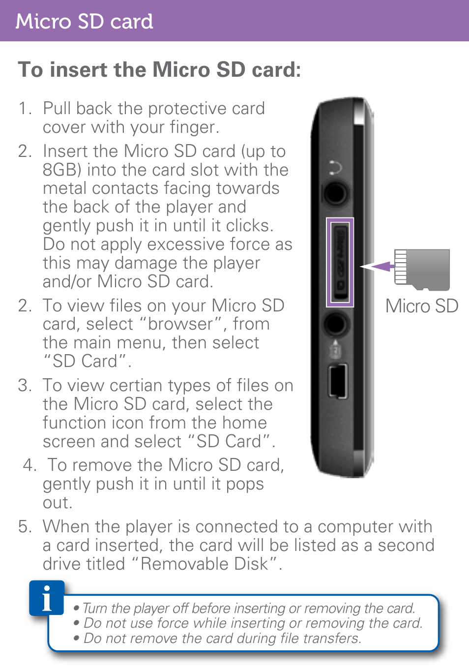 Micro sd card to insert the micro sd card | Polaroid PMP500-4 User Manual | Page 5 / 32