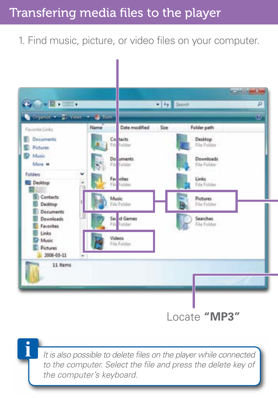 Transfering media files to the player, Locate “mp3 | Polaroid PMP500-4 User Manual | Page 6 / 32