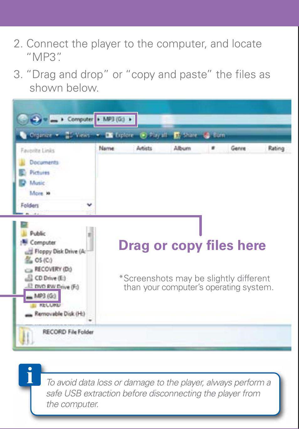 Charging, Turning on/off, Resetting the player | Drag or copy files here | Polaroid PMP500-4 User Manual | Page 7 / 32