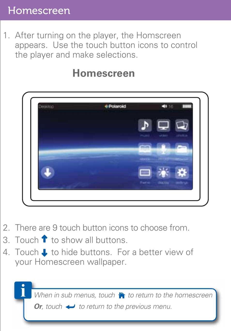 Homescreen | Polaroid PMP500-4 User Manual | Page 8 / 32