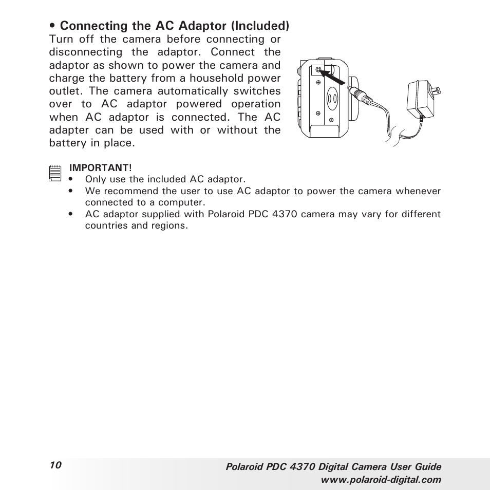 Connecting the ac adaptor (included) | Polaroid PDC 4370 User Manual | Page 10 / 103