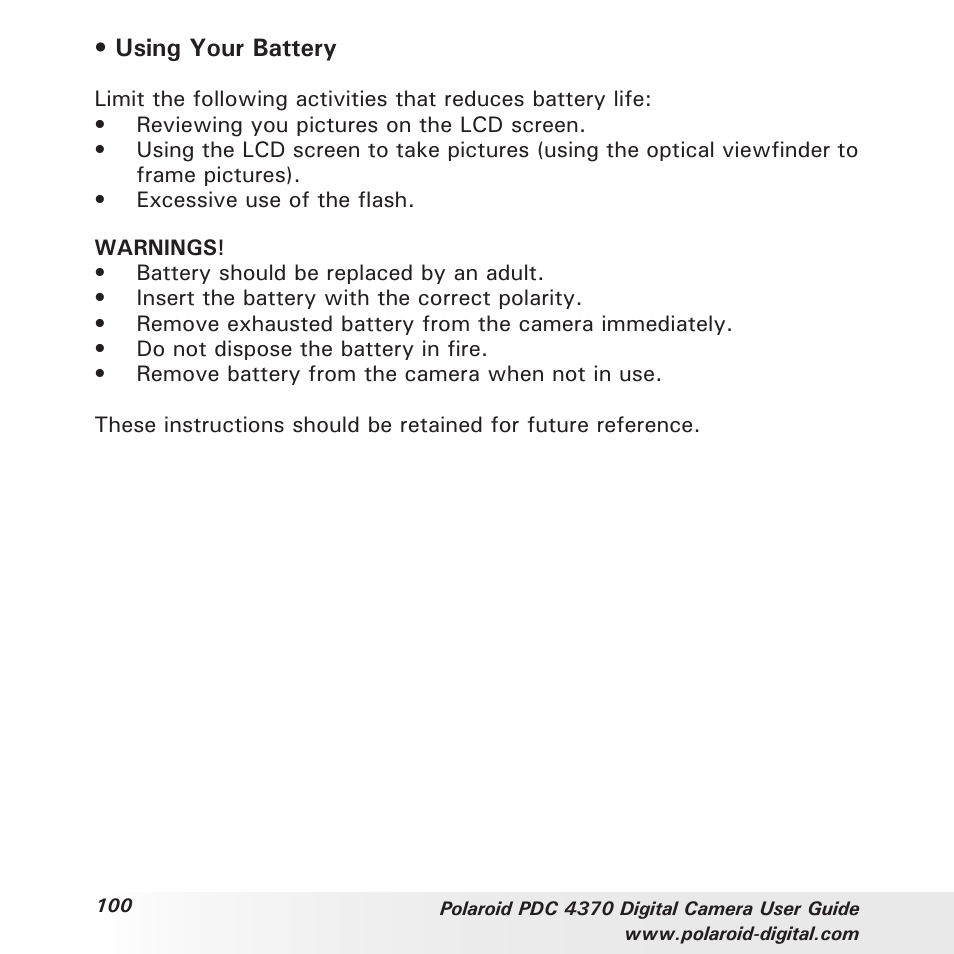 Using your battery | Polaroid PDC 4370 User Manual | Page 100 / 103