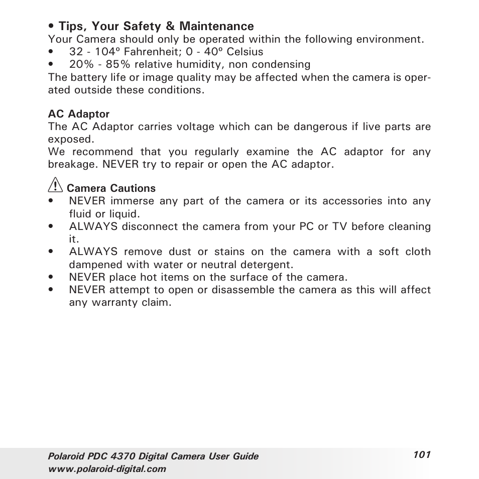 Tips, your safety & maintenance | Polaroid PDC 4370 User Manual | Page 101 / 103