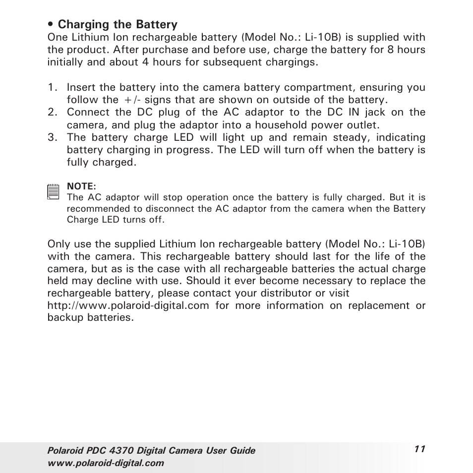 Charging the battery | Polaroid PDC 4370 User Manual | Page 11 / 103