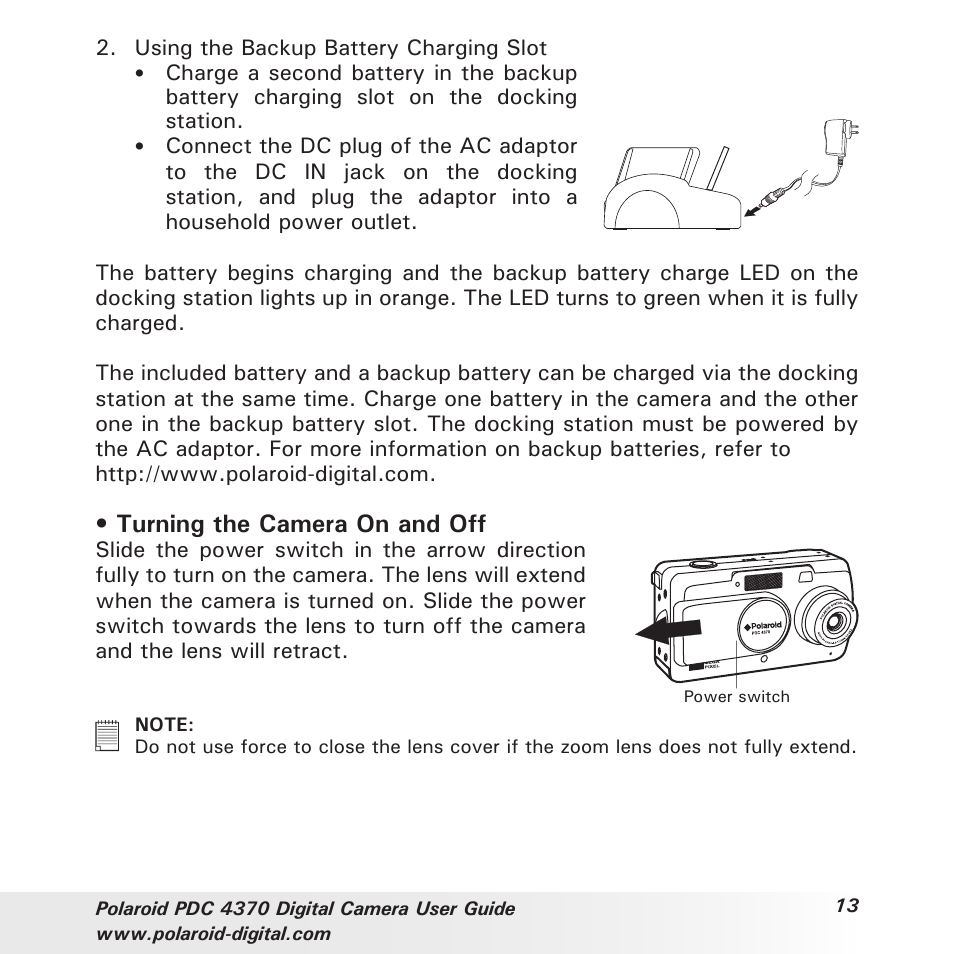 Turning the camera on and off | Polaroid PDC 4370 User Manual | Page 13 / 103