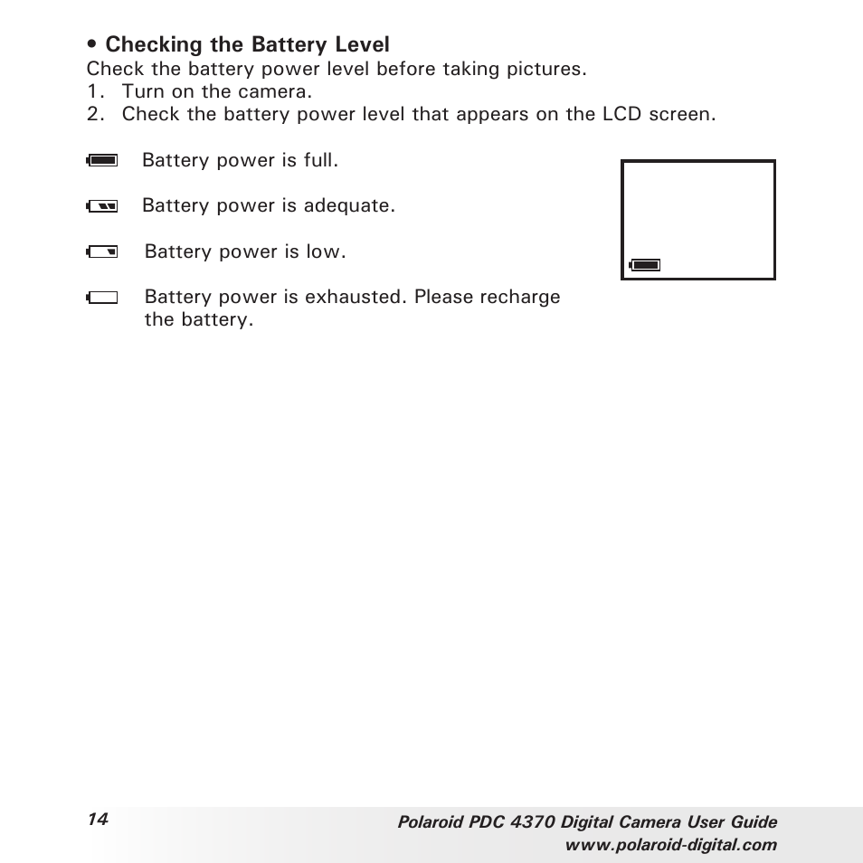 Checking the battery level | Polaroid PDC 4370 User Manual | Page 14 / 103