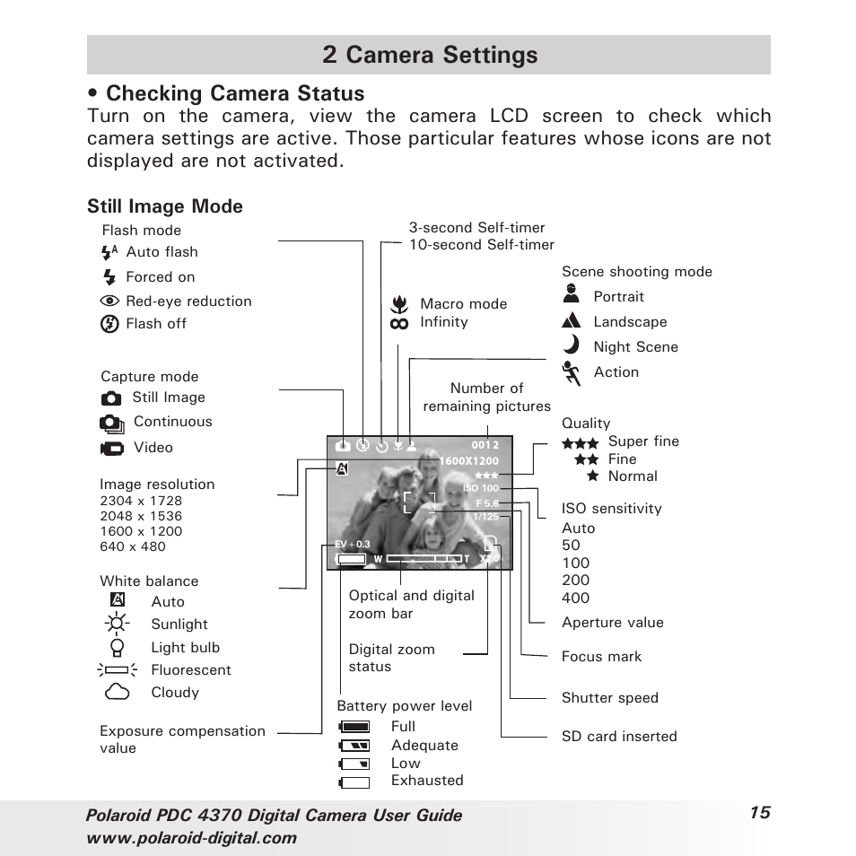 2 camera settings, Checking camera status | Polaroid PDC 4370 User Manual | Page 15 / 103