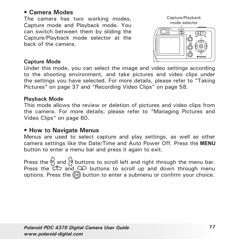 Camera modes, How to navigate menus | Polaroid PDC 4370 User Manual | Page 17 / 103