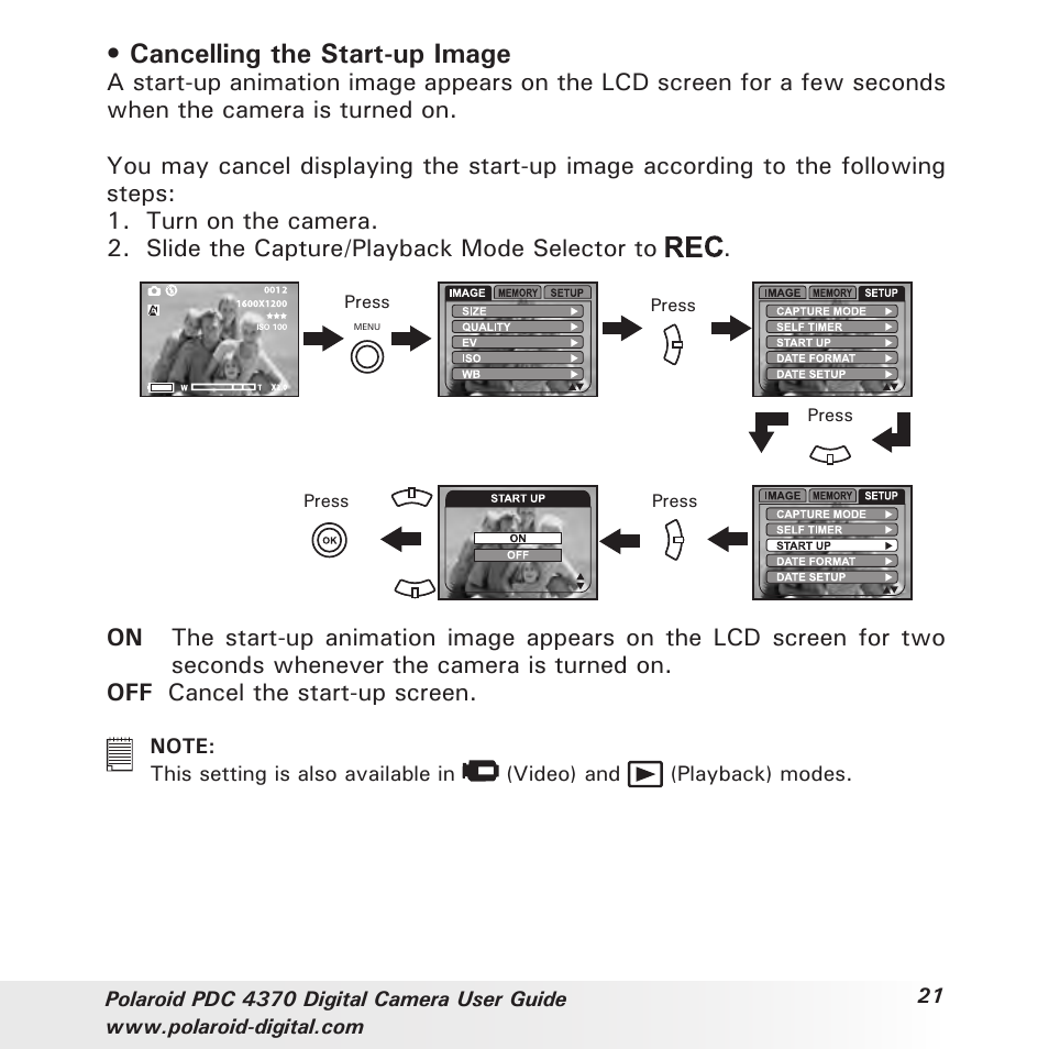Cancelling the start-up image | Polaroid PDC 4370 User Manual | Page 21 / 103