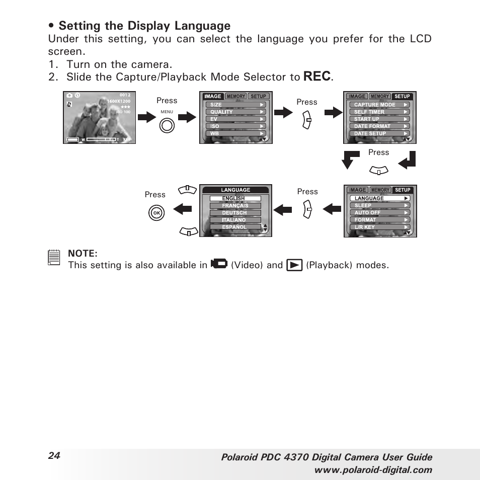 Setting the display language | Polaroid PDC 4370 User Manual | Page 24 / 103