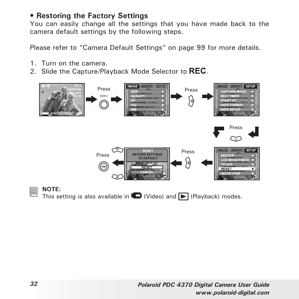 Restoring the factory settings | Polaroid PDC 4370 User Manual | Page 32 / 103