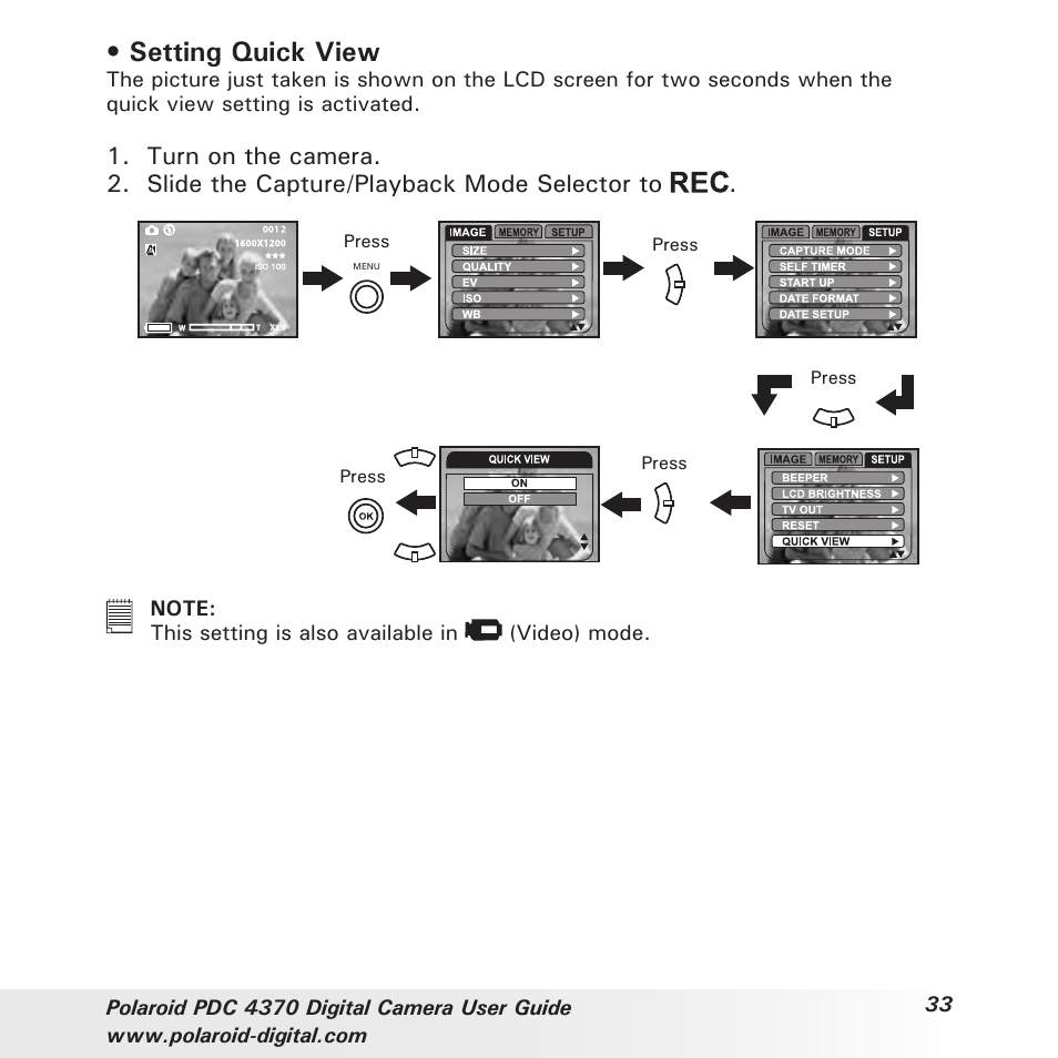 Setting quick view | Polaroid PDC 4370 User Manual | Page 33 / 103