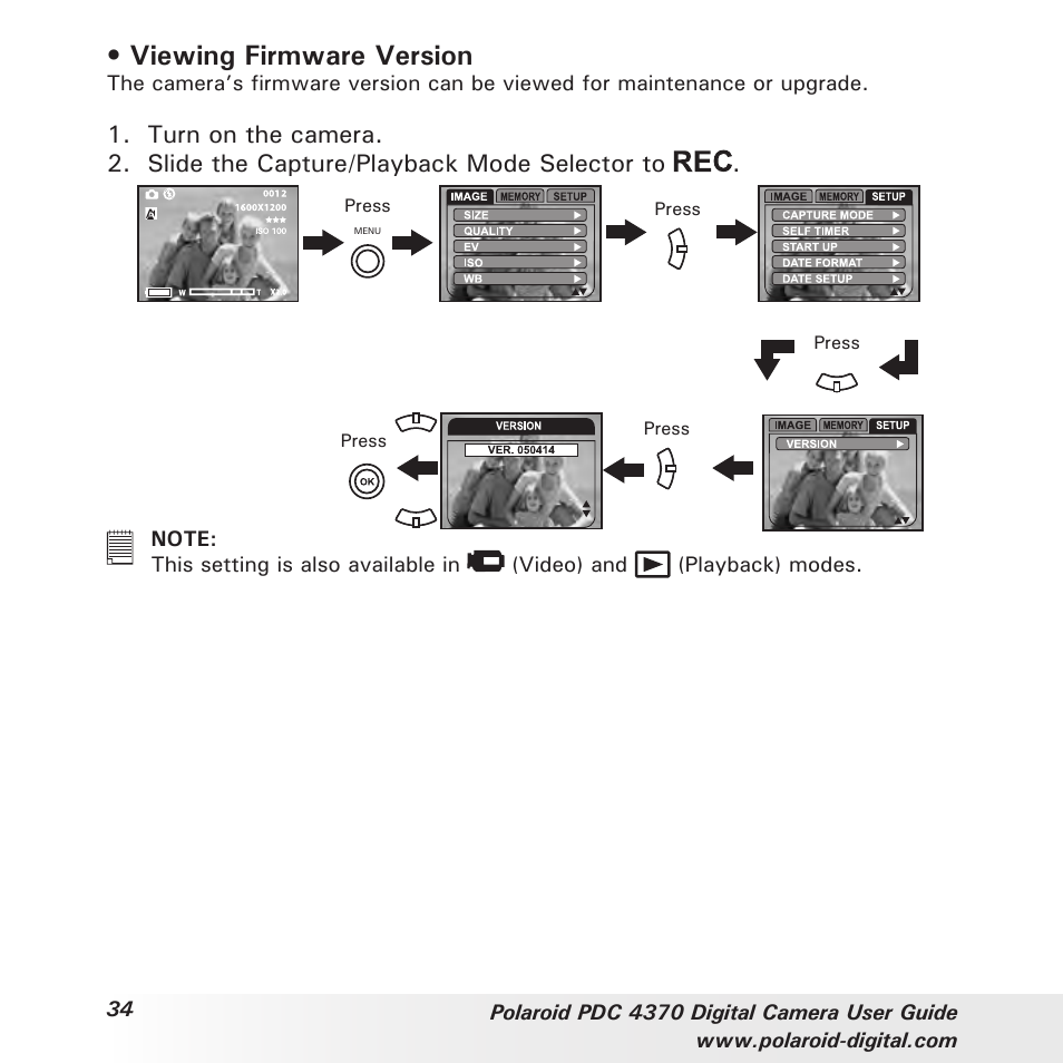 Viewing firmware version | Polaroid PDC 4370 User Manual | Page 34 / 103