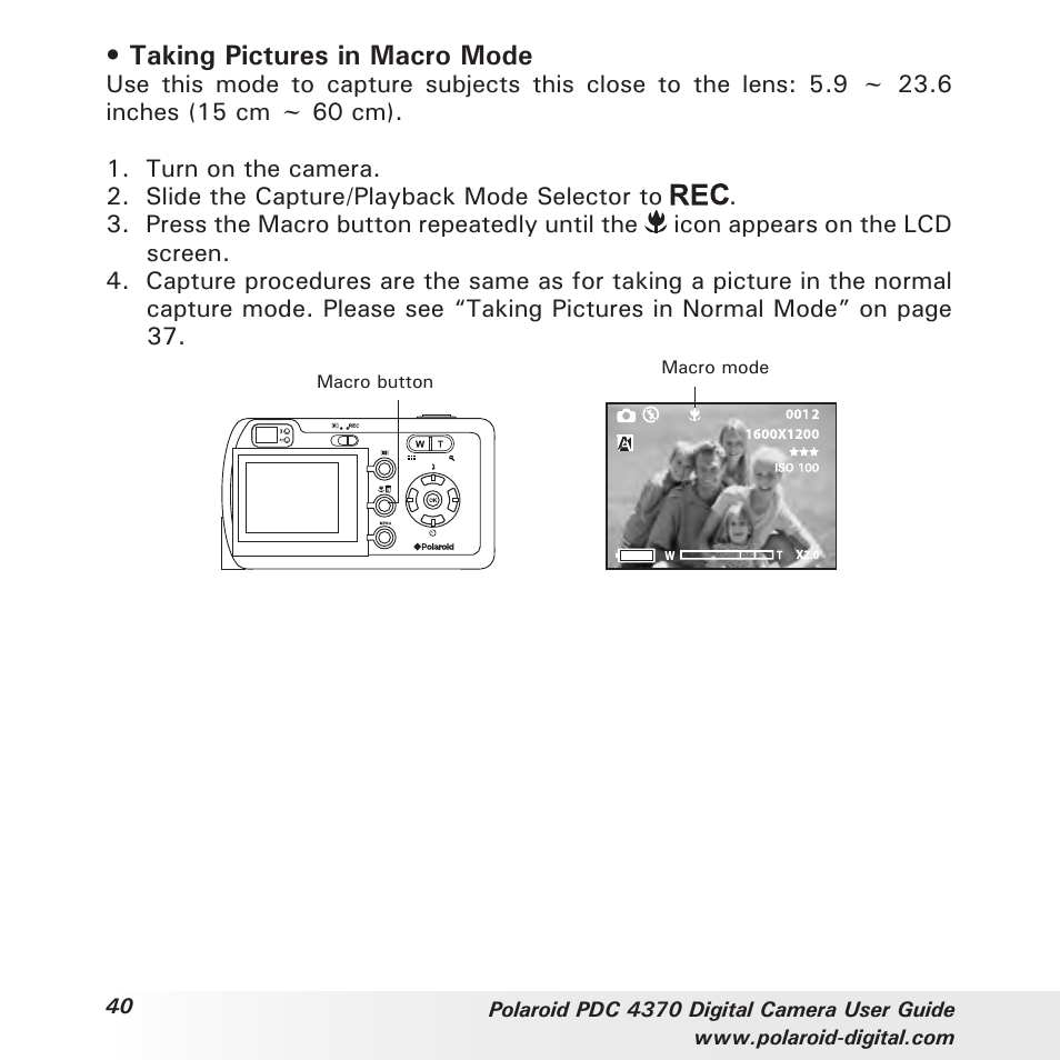 Taking pictures in macro mode | Polaroid PDC 4370 User Manual | Page 40 / 103