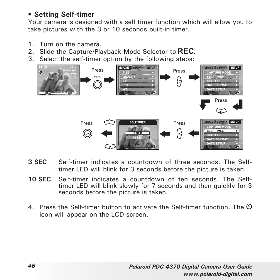 Setting self-timer | Polaroid PDC 4370 User Manual | Page 46 / 103