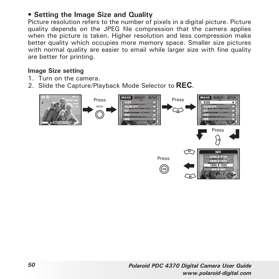 Setting the image size and quality | Polaroid PDC 4370 User Manual | Page 50 / 103