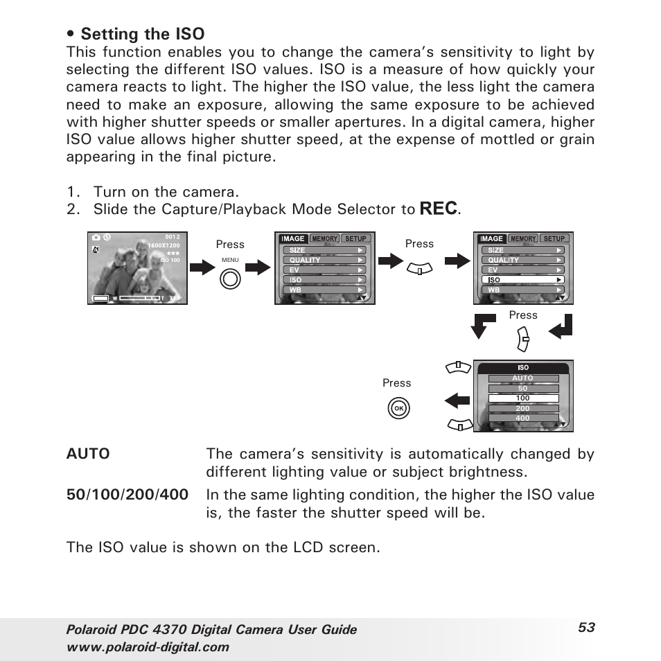 Setting the iso | Polaroid PDC 4370 User Manual | Page 53 / 103