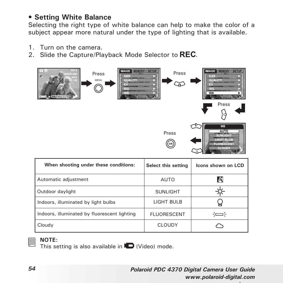 Setting white balance | Polaroid PDC 4370 User Manual | Page 54 / 103