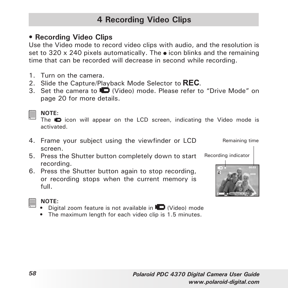 4 recording video clips, Recording video clips | Polaroid PDC 4370 User Manual | Page 58 / 103