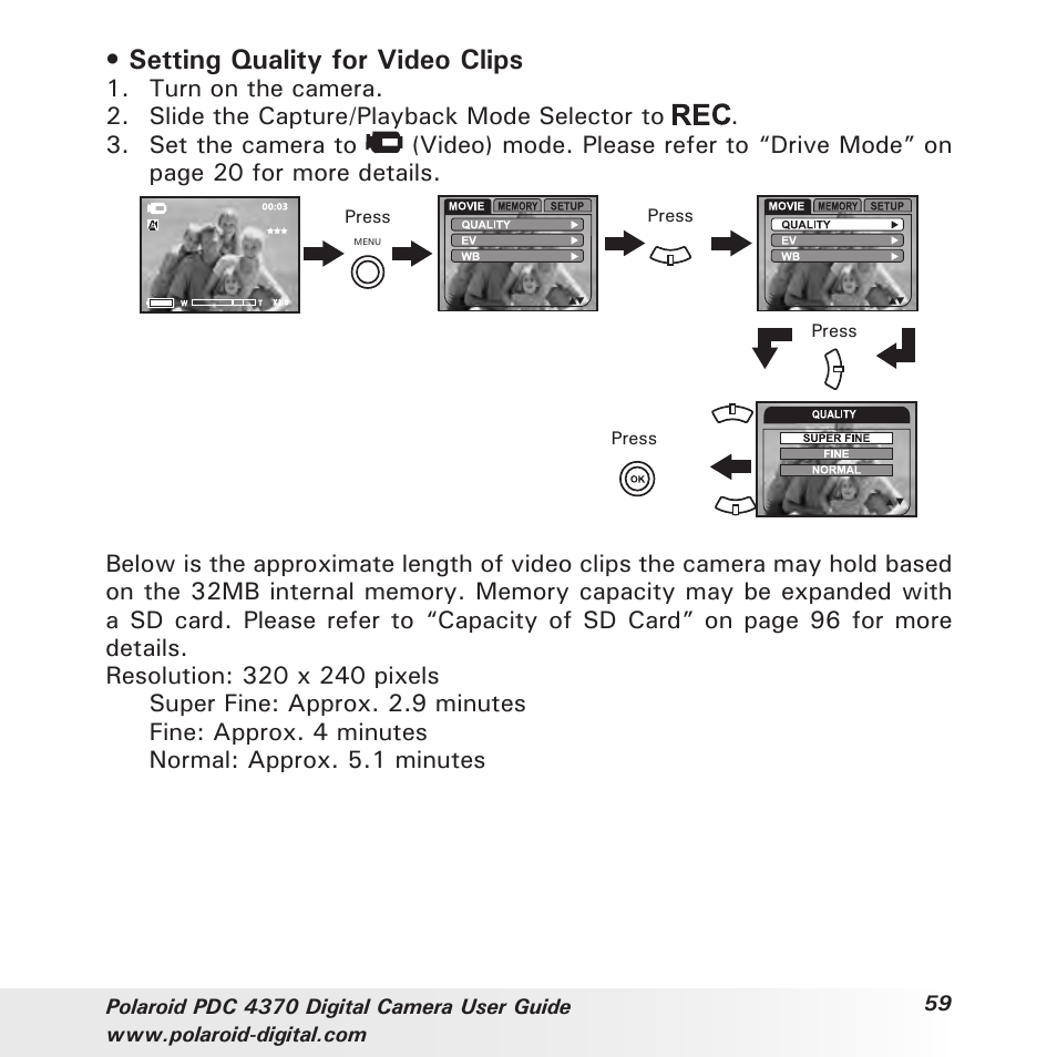 Setting quality for video clips | Polaroid PDC 4370 User Manual | Page 59 / 103