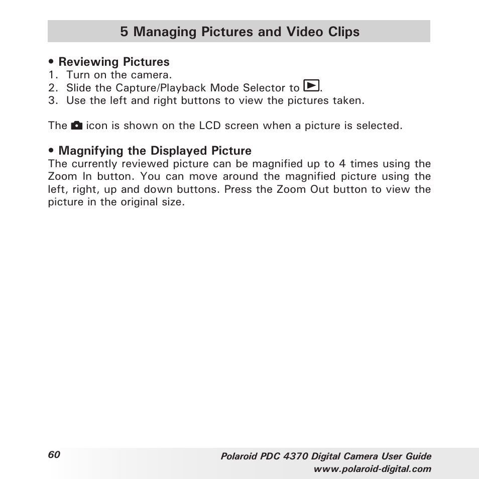 5 managing pictures and video clips | Polaroid PDC 4370 User Manual | Page 60 / 103