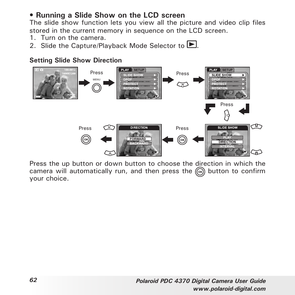 Running a slide show on the lcd screen | Polaroid PDC 4370 User Manual | Page 62 / 103