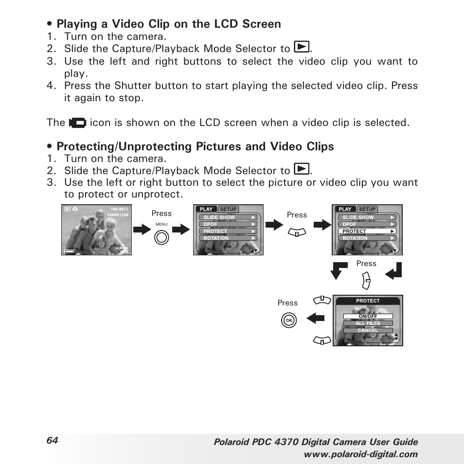 Playing a video clip on the lcd screen, Protecting/unprotecting pictures and video clips | Polaroid PDC 4370 User Manual | Page 64 / 103