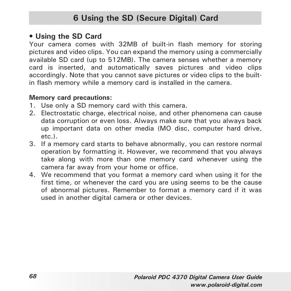 6 using the sd (secure digital) card | Polaroid PDC 4370 User Manual | Page 68 / 103