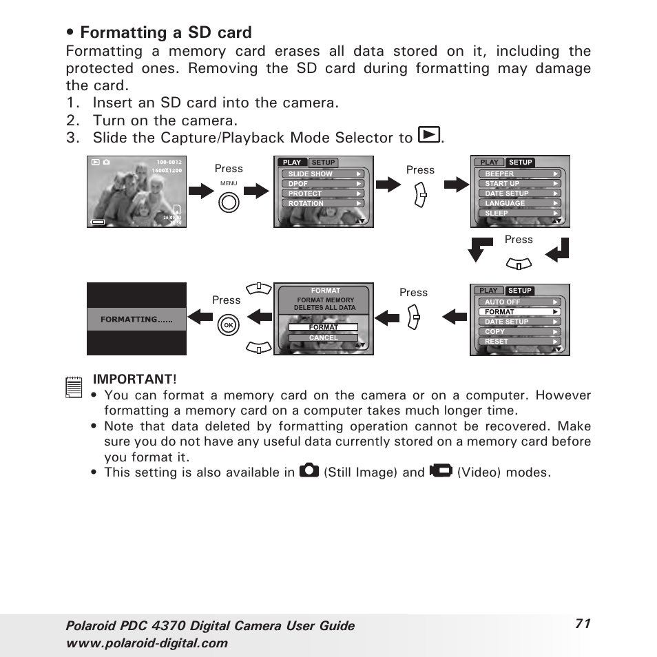 Formatting a sd card | Polaroid PDC 4370 User Manual | Page 71 / 103
