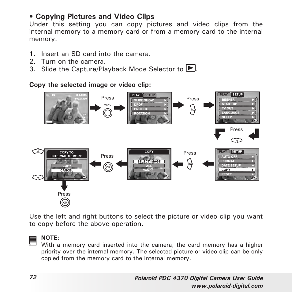 Copying pictures and video clips | Polaroid PDC 4370 User Manual | Page 72 / 103