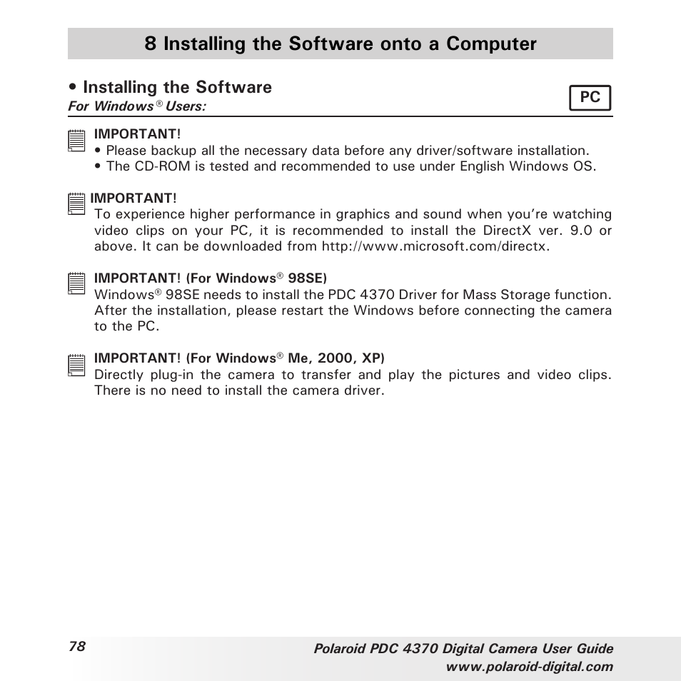 8 installing the software onto a computer, Installing the software | Polaroid PDC 4370 User Manual | Page 78 / 103
