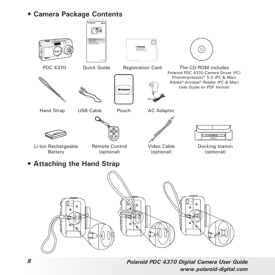 Camera package contents, Attaching the hand strap | Polaroid PDC 4370 User Manual | Page 8 / 103