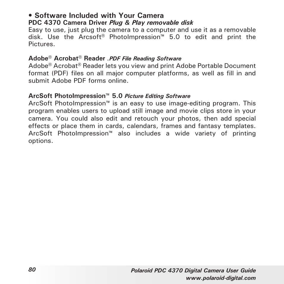 Software included with your camera | Polaroid PDC 4370 User Manual | Page 80 / 103