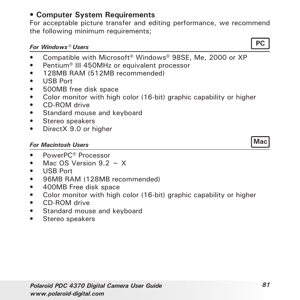 Computer system requirements | Polaroid PDC 4370 User Manual | Page 81 / 103