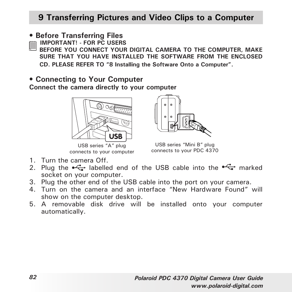 Before transferring files, Connecting to your computer | Polaroid PDC 4370 User Manual | Page 82 / 103