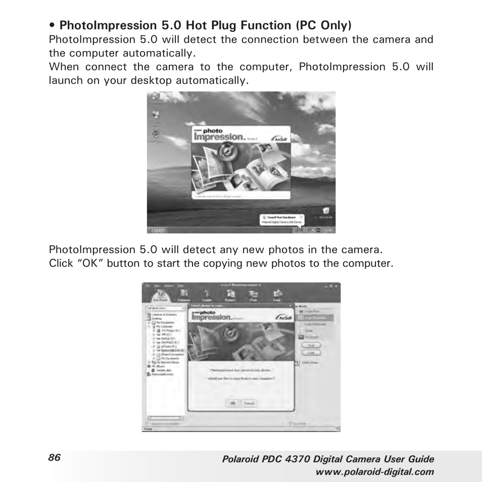 Photoimpression 5.0 hot plug function (pc only) | Polaroid PDC 4370 User Manual | Page 86 / 103