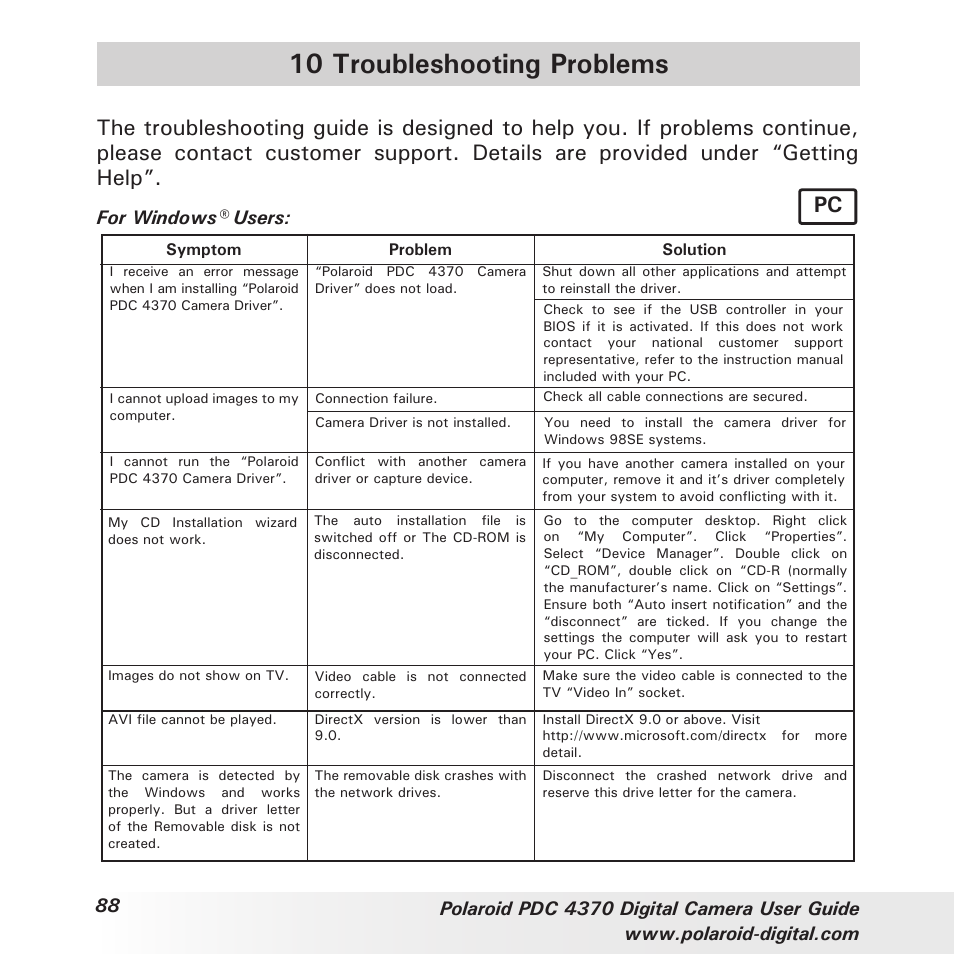 10 troubleshooting problems, For windows® users | Polaroid PDC 4370 User Manual | Page 88 / 103