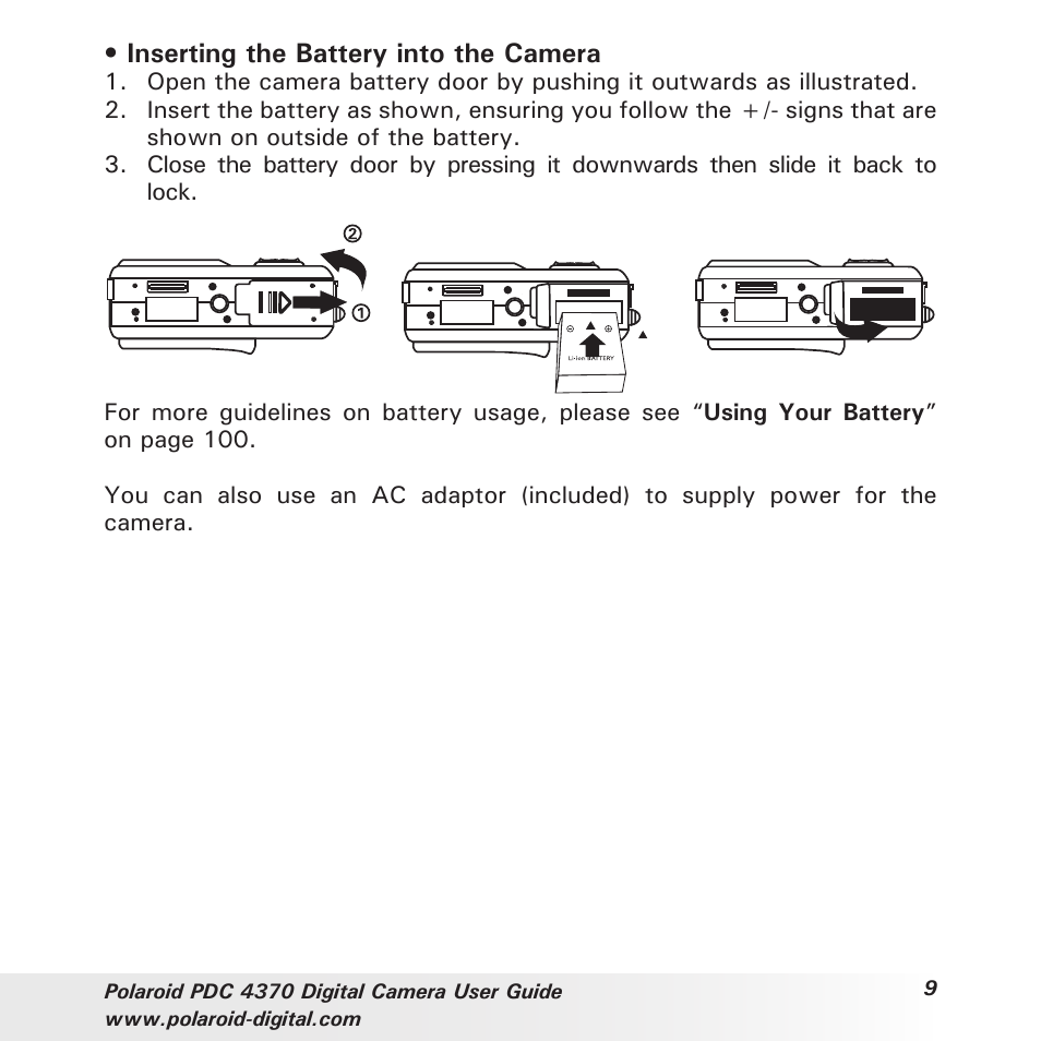 Inserting the battery into the camera | Polaroid PDC 4370 User Manual | Page 9 / 103
