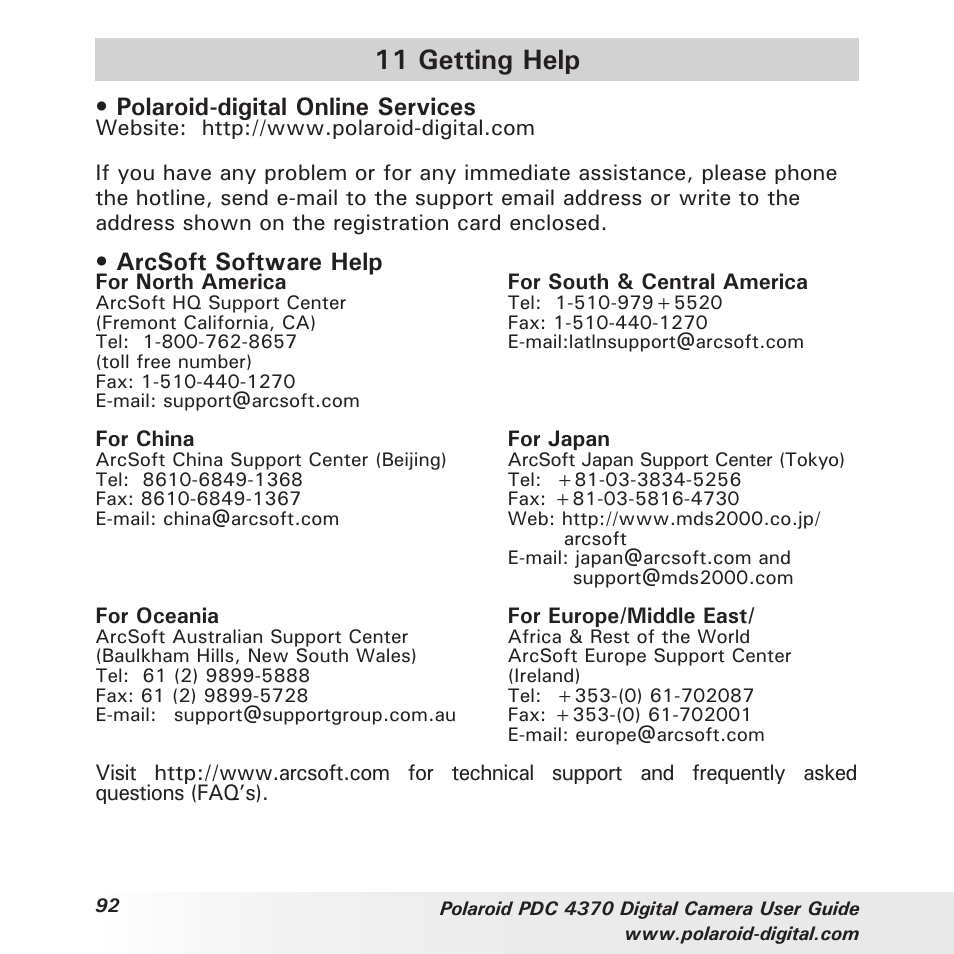 11 getting help, Polaroid-digital online services, Arcsoft software help | Polaroid PDC 4370 User Manual | Page 92 / 103
