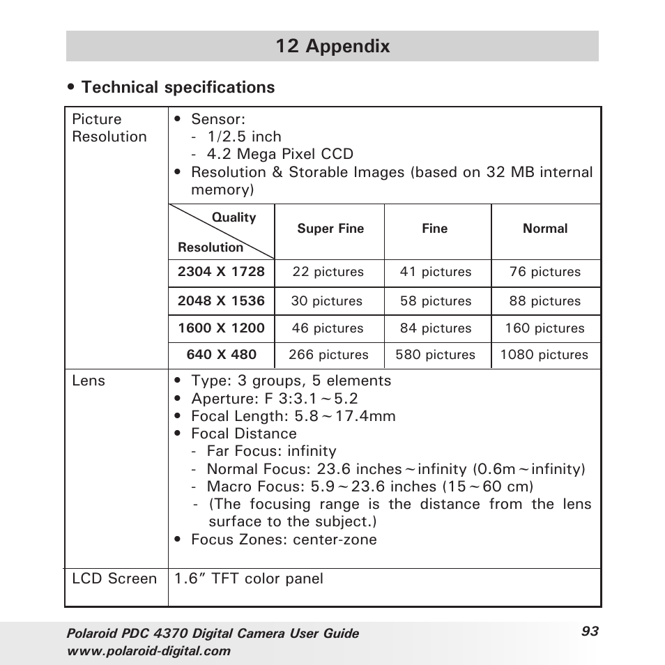 12 appendix, Technical specifications | Polaroid PDC 4370 User Manual | Page 93 / 103