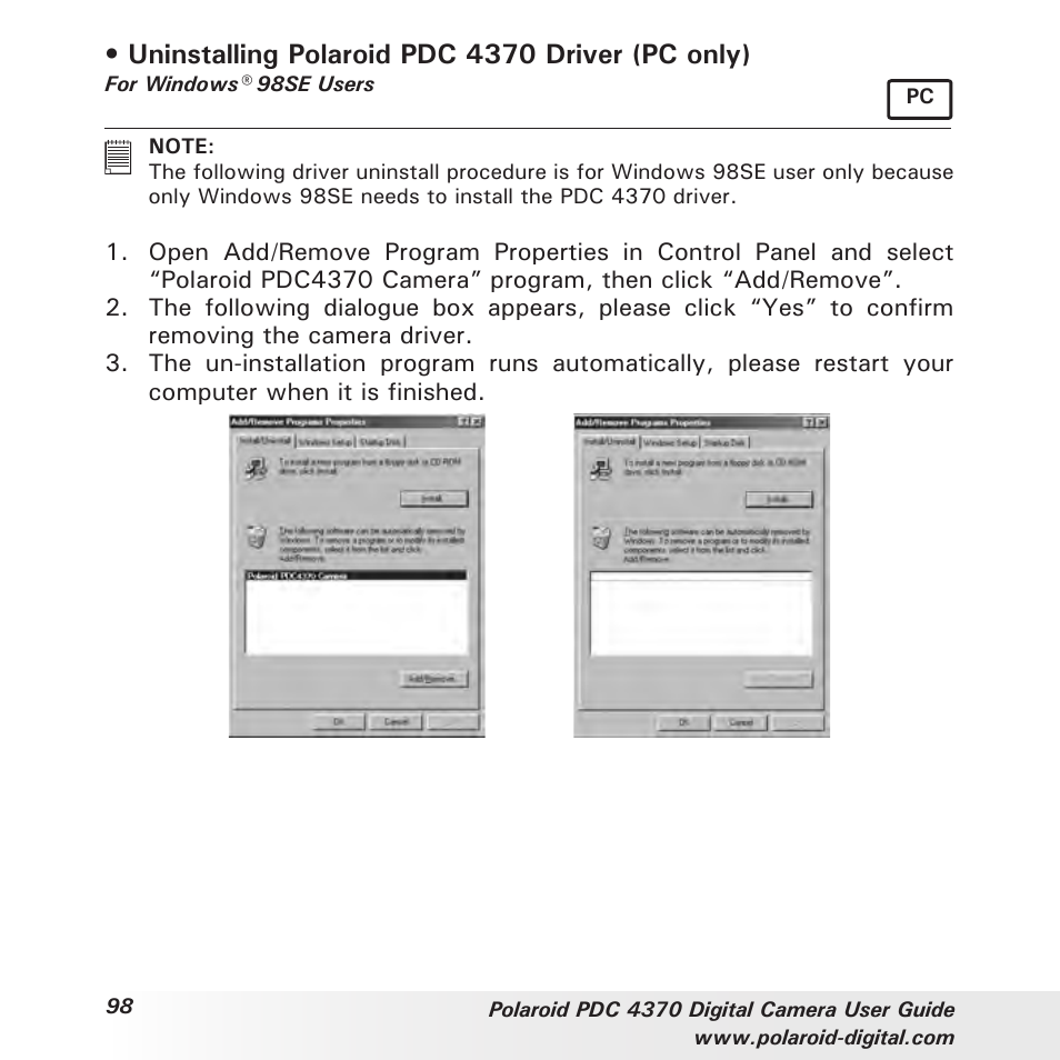 Uninstalling polaroid pdc 4370 driver (pc only) | Polaroid PDC 4370 User Manual | Page 98 / 103