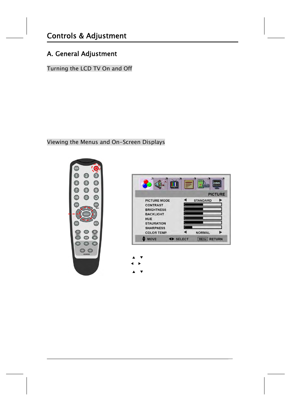 Controls & adjustment, A. general adjustment | Polaroid FLM-201TM User Manual | Page 15 / 42