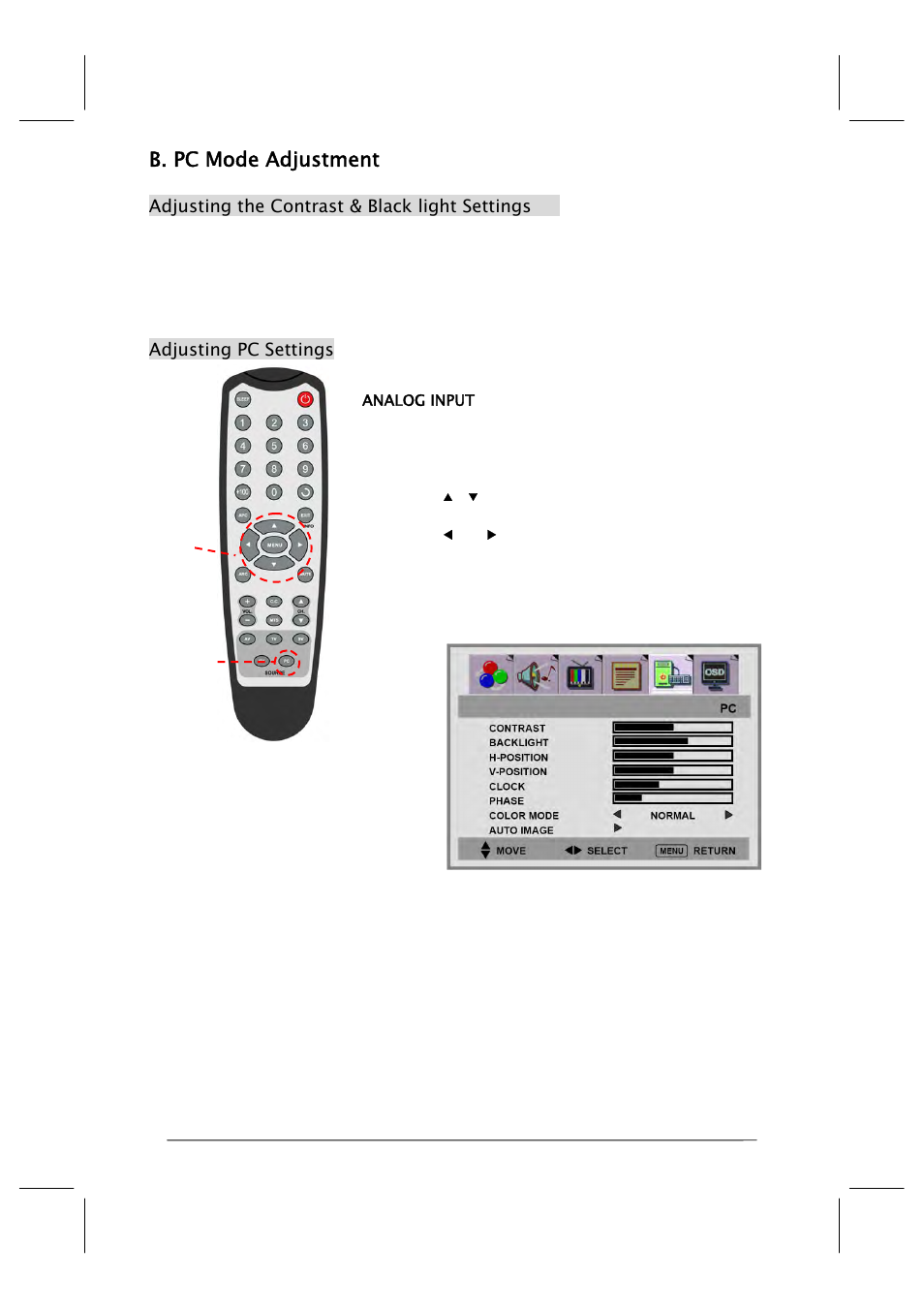B. pc mode adjustment | Polaroid FLM-201TM User Manual | Page 18 / 42