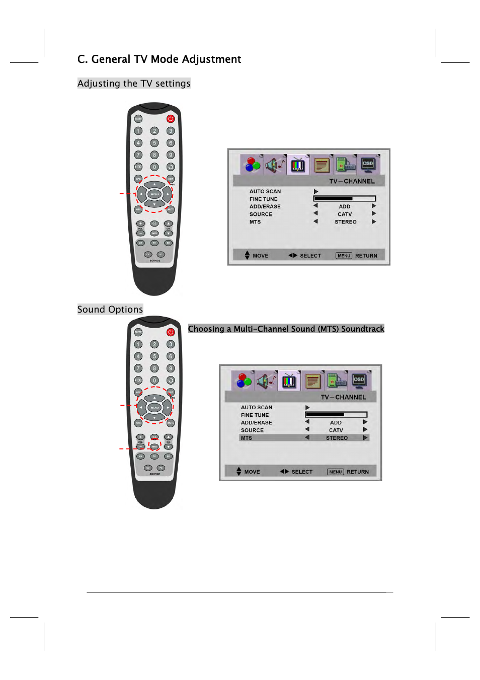 C. general tv mode adjustment | Polaroid FLM-201TM User Manual | Page 22 / 42