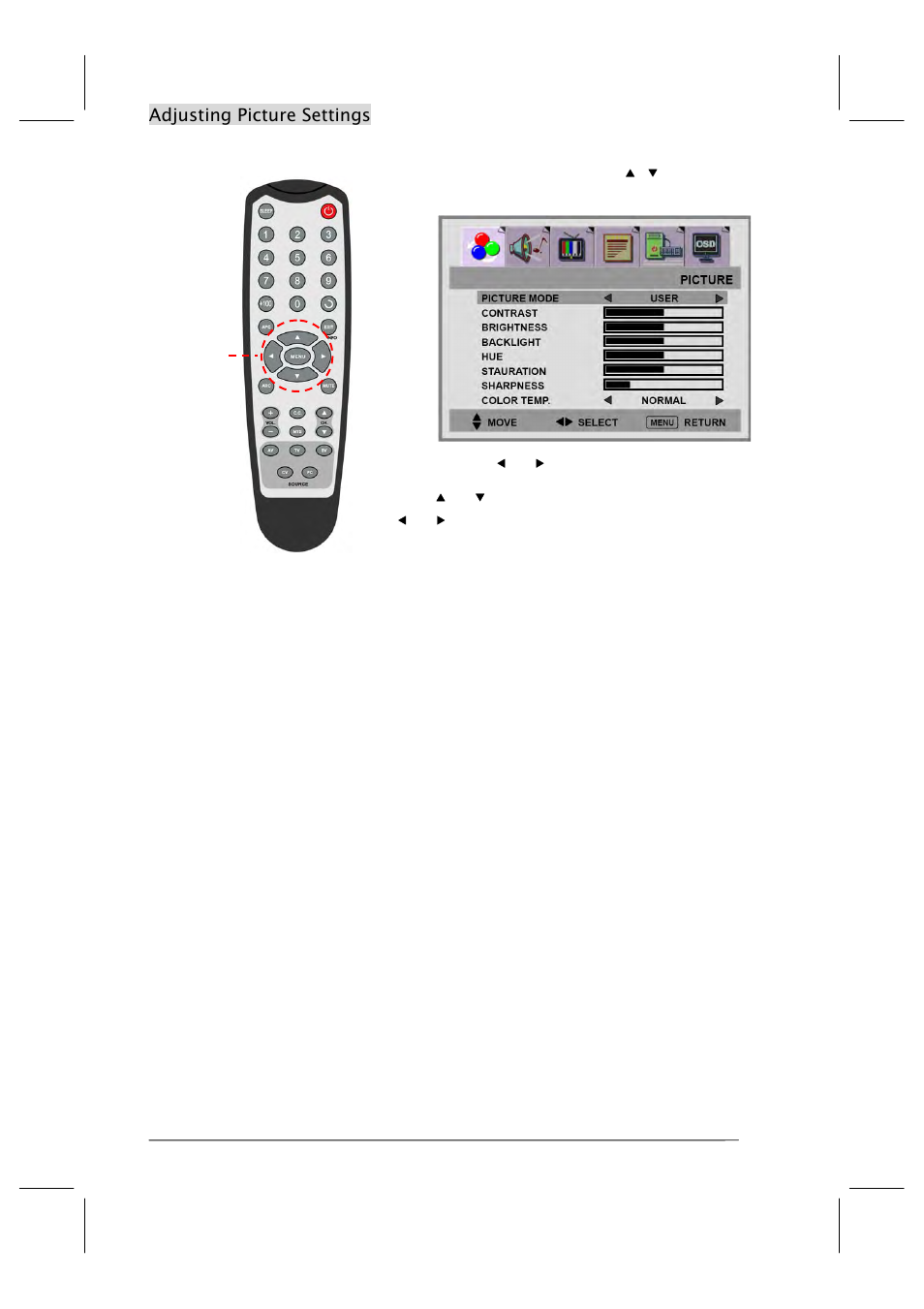 Adjusting picture settings | Polaroid FLM-201TM User Manual | Page 23 / 42