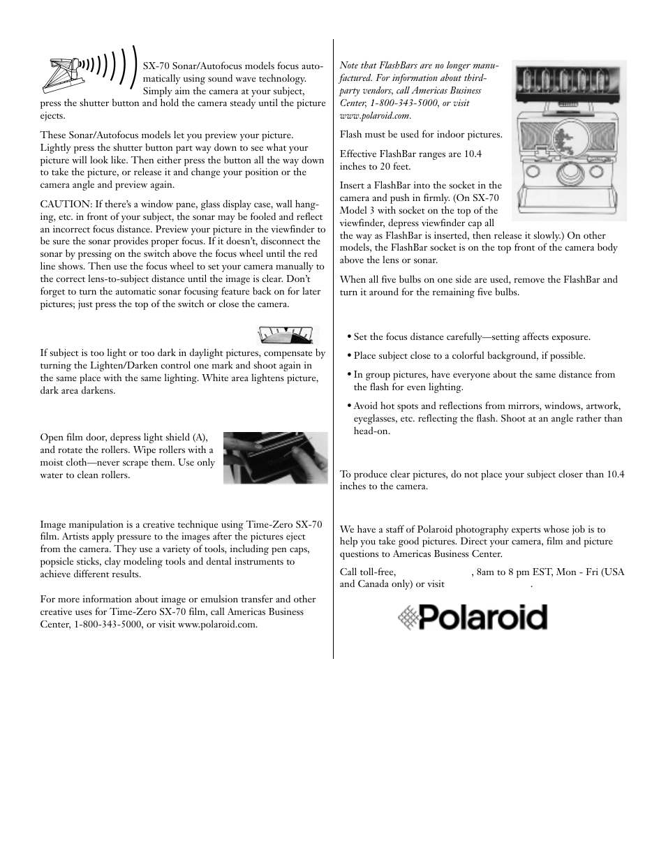 Sonar/autofocus, Minimum lens-subject distance, Using flashbars | Lighten/darken control, Cleaning the rollers, Image manipulation, Additional information | Polaroid SX-70 User Manual | Page 2 / 2