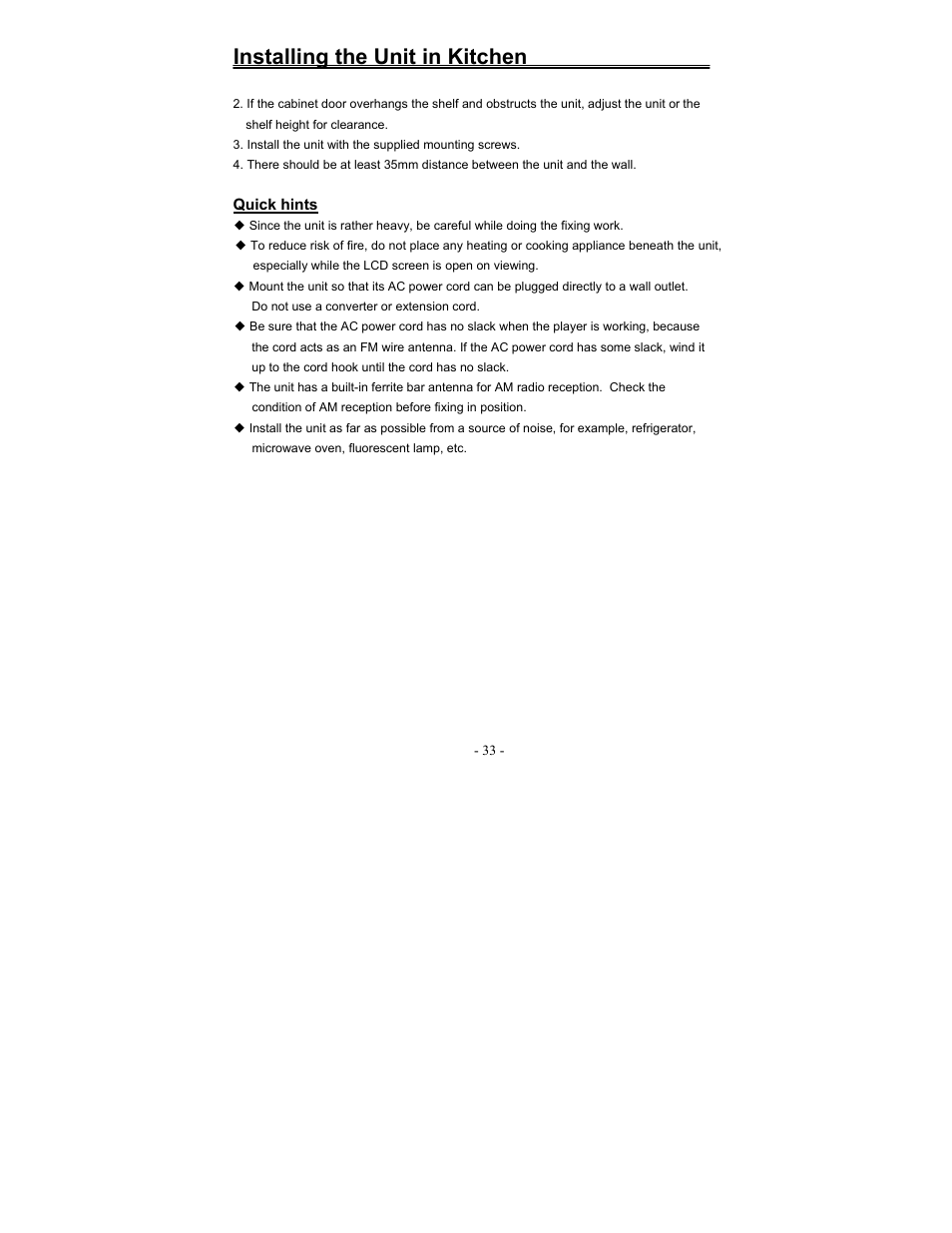 Installing the unit in kitchen | Polaroid FDM-0700A User Manual | Page 33 / 36