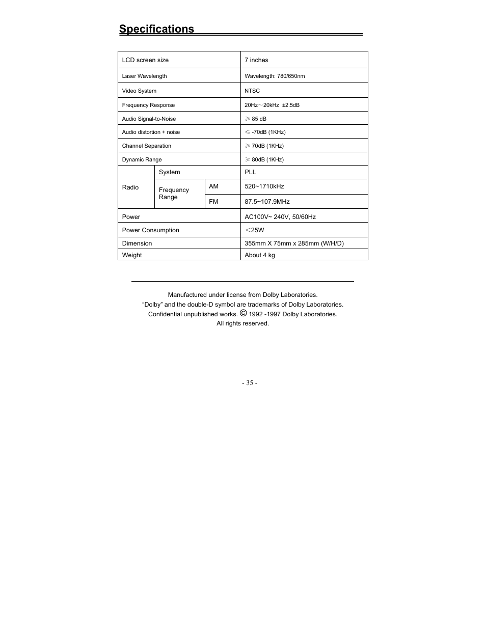 Specifications | Polaroid FDM-0700A User Manual | Page 35 / 36