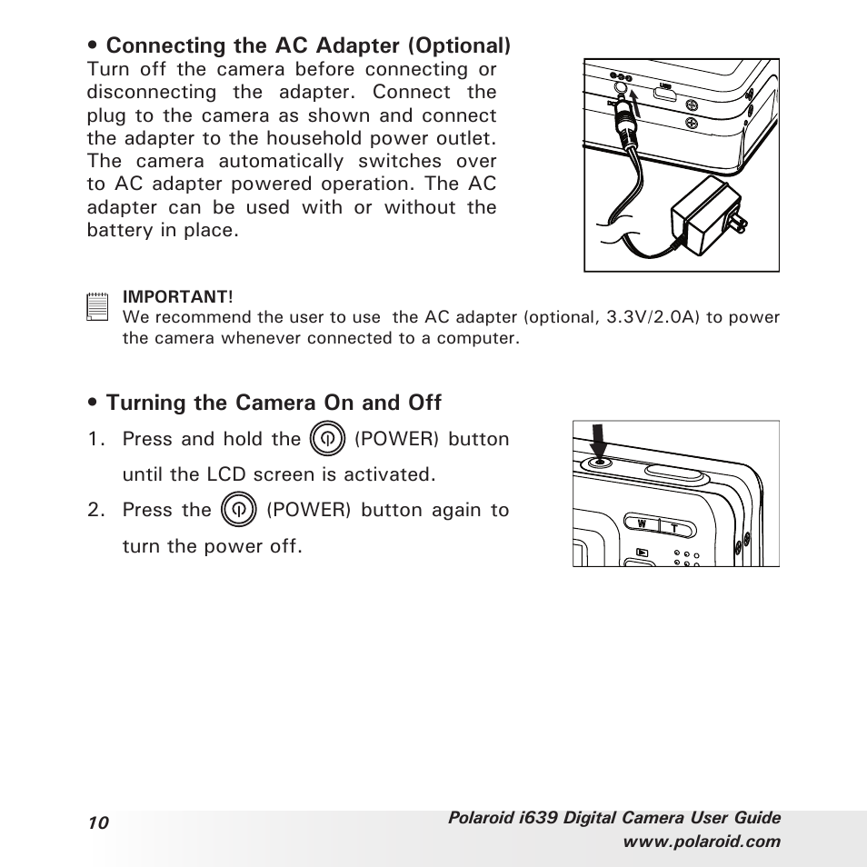 Connecting the ac adapter (optional), Turning the camera on and off | Polaroid i639 User Manual | Page 10 / 107